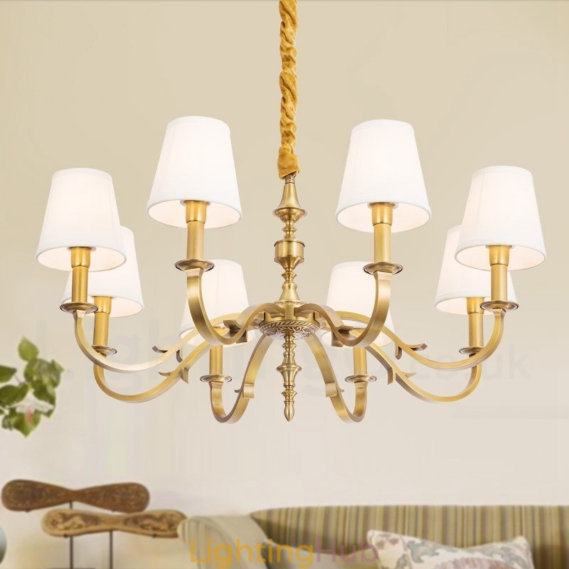 8 Light Retro Rustic Luxury Brass Pendant Lamp Chandelier with Fabric Shade
