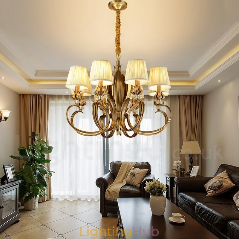 8 Light Retro Rustic Luxury Brass Pendant Lamp Chandelier with Fabric Shade