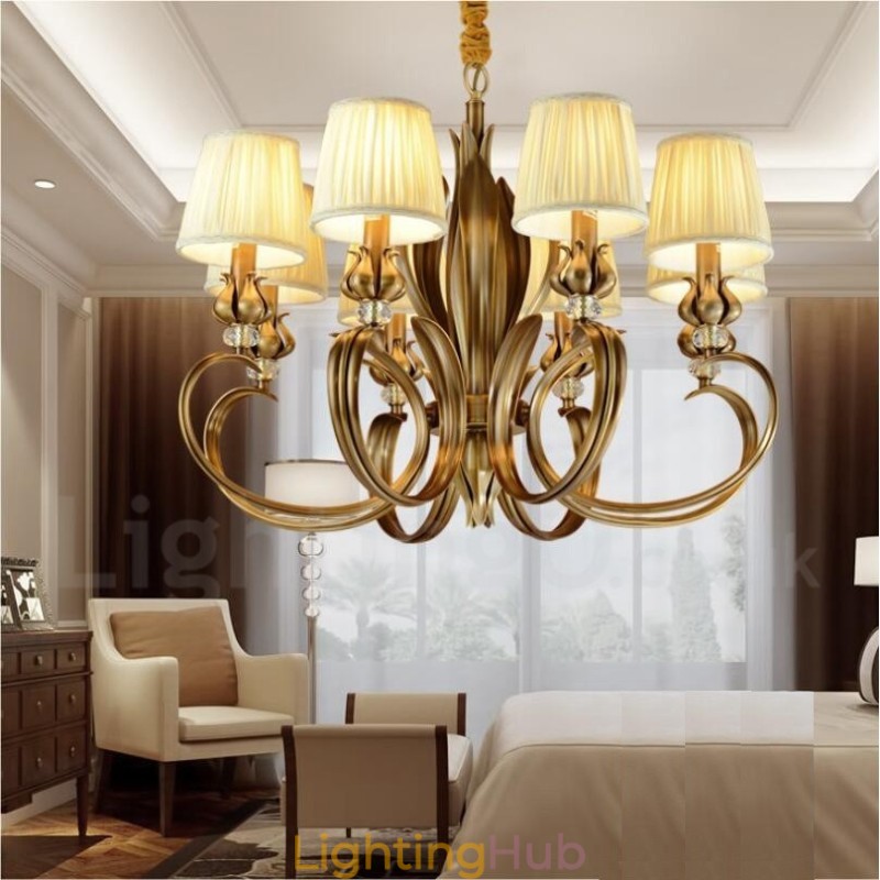 8 Light Retro Rustic Luxury Brass Pendant Lamp Chandelier with Fabric Shade