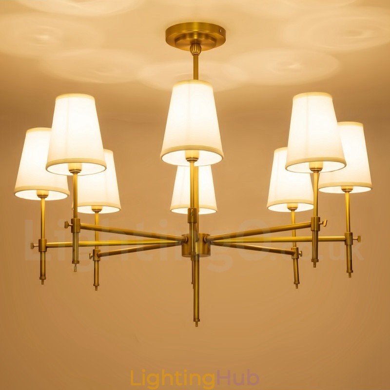 8 Light Retro Rustic Luxury Brass Pendant Lamp Chandelier with Fabric Shade