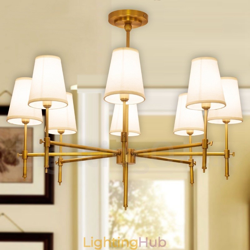 8 Light Retro Rustic Luxury Brass Pendant Lamp Chandelier with Fabric Shade