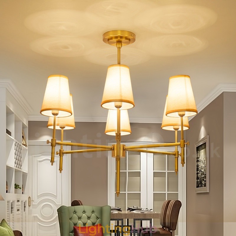 6 Light Retro Rustic Luxury Brass Pendant Lamp Chandelier with Fabric Shade