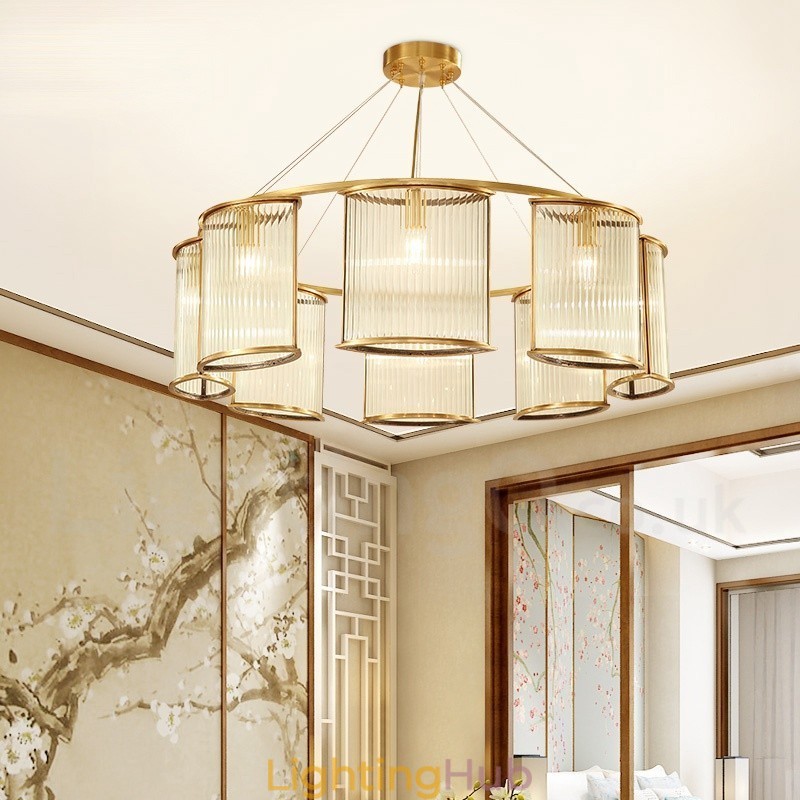 8 Light Retro Rustic Luxury Brass Pendant Lamp Chandelier with Glass Shade