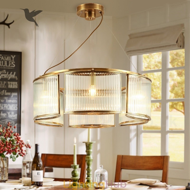6 Light Retro Rustic Luxury Brass Pendant Lamp Chandelier with Glass Shade