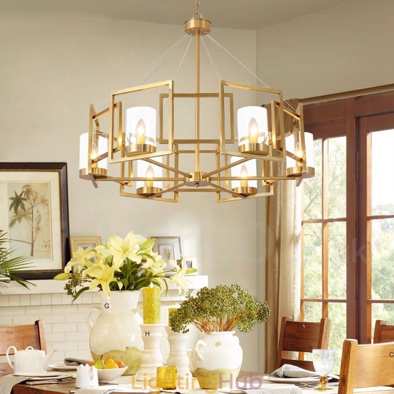 6 Light Retro Rustic Luxury Brass Pendant Lamp Chandelier with Glass Shade