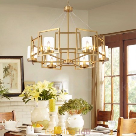 6 Light Retro Rustic Luxury Brass Pendant Lamp Chandelier with Glass Shade