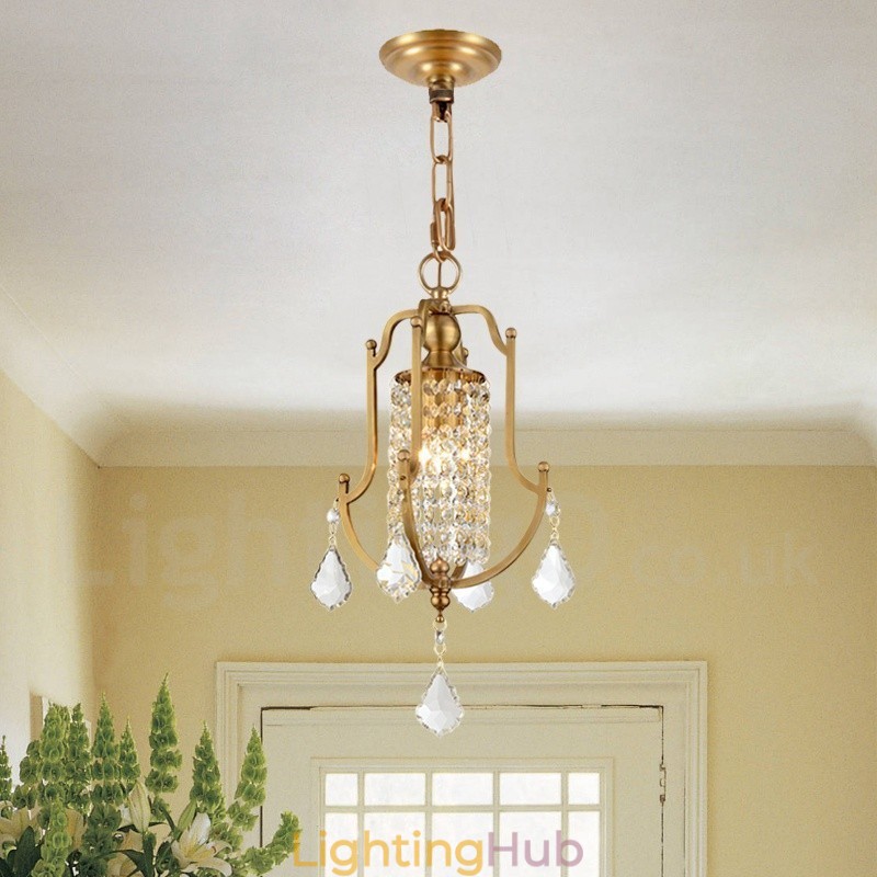 1 Light Retro Rustic Luxury Brass Pendant Lamp Chandelier with Crystal Shade