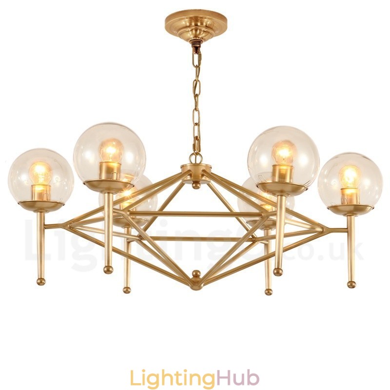 6 Light Retro Rustic Luxury Brass Pendant Lamp Chandelier with Glass Shade
