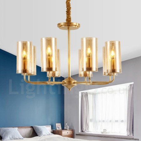 8 Light Retro Rustic Luxury Brass Pendant Lamp Chandelier with Glass Shade