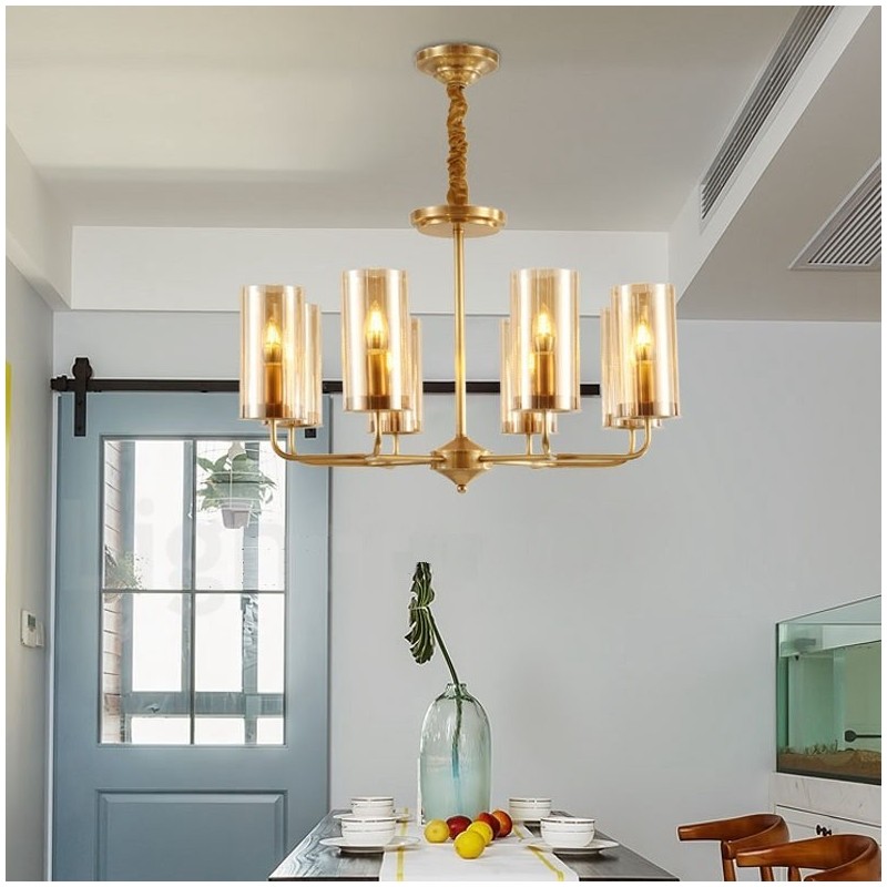 8 Light Retro Rustic Luxury Brass Pendant Lamp Chandelier with Glass Shade