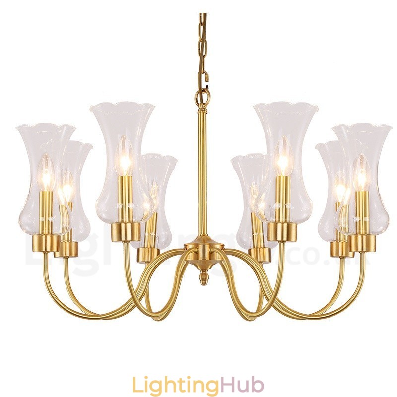 8 Light Retro Rustic Luxury Brass Pendant Lamp Chandelier with Glass Shade