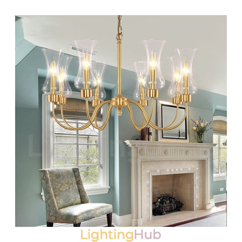 8 Light Retro Rustic Luxury Brass Pendant Lamp Chandelier with Glass Shade