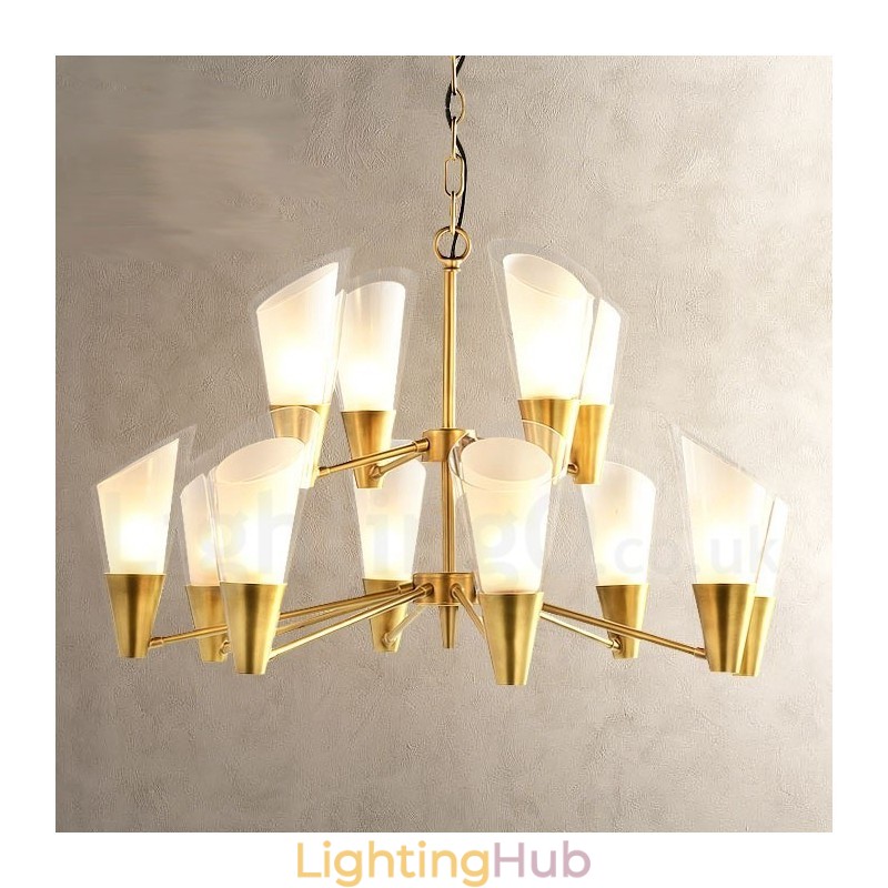 12 Light Retro Rustic Luxury Brass Pendant Lamp Chandelier with Glass Shade