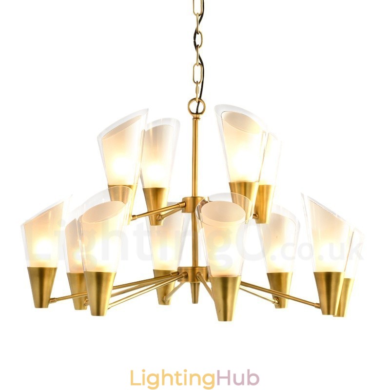 12 Light Retro Rustic Luxury Brass Pendant Lamp Chandelier with Glass Shade