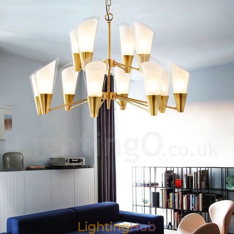 12 Light Retro Rustic Luxury Brass Pendant Lamp Chandelier with Glass Shade