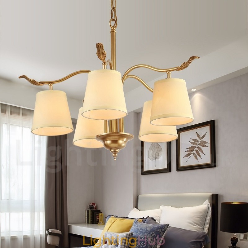 5 Light Retro Rustic Luxury Brass Pendant Lamp Chandelier with Fabric Shade