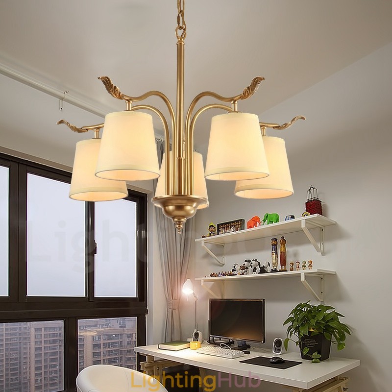 5 Light Retro Rustic Luxury Brass Pendant Lamp Chandelier with Fabric Shade