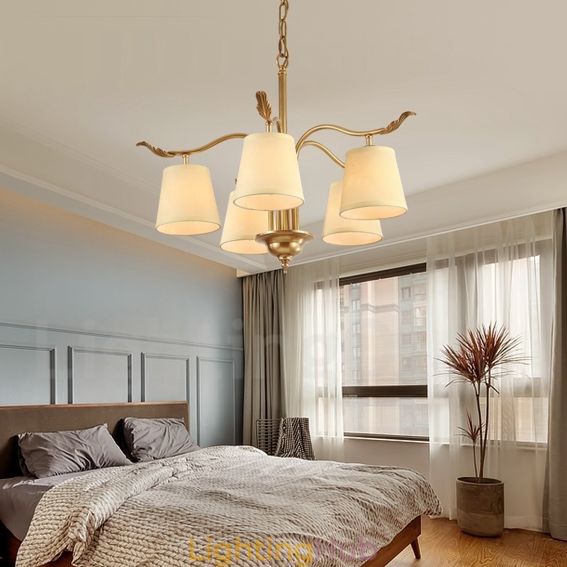 5 Light Retro Rustic Luxury Brass Pendant Lamp Chandelier with Fabric Shade