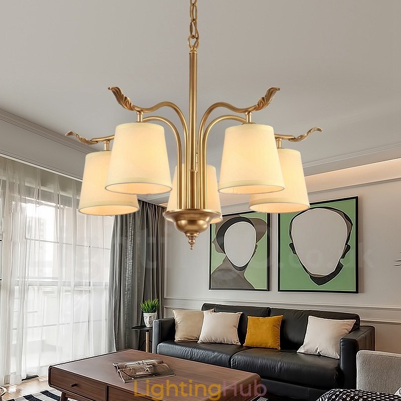 5 Light Retro Rustic Luxury Brass Pendant Lamp Chandelier with Fabric Shade