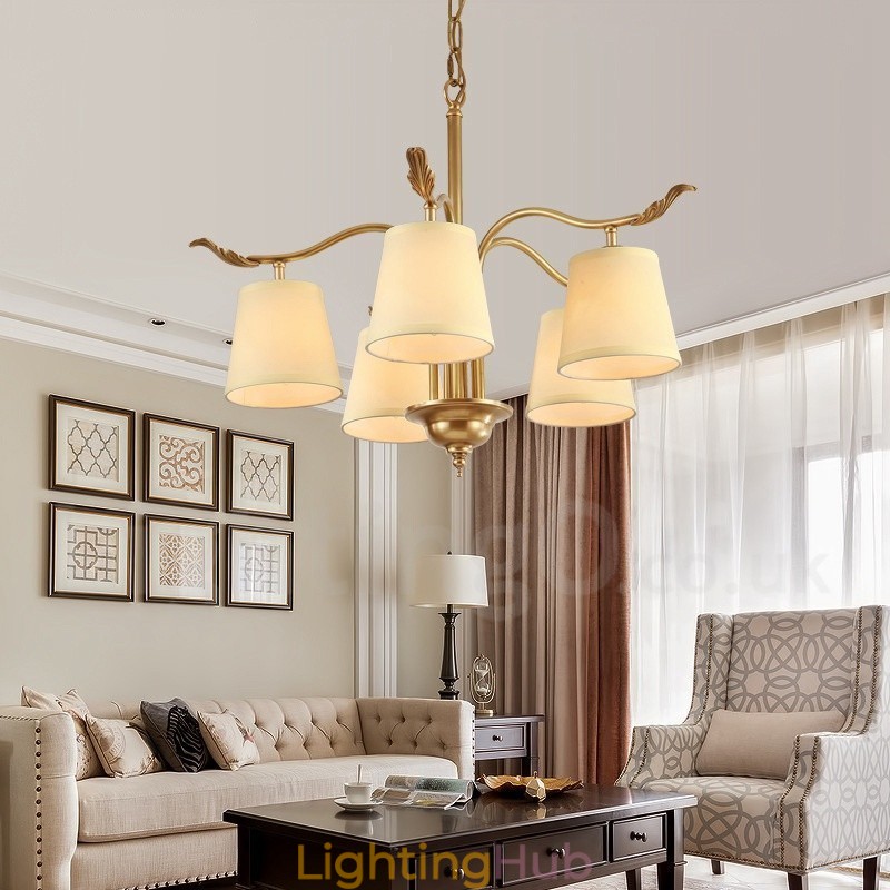 5 Light Retro Rustic Luxury Brass Pendant Lamp Chandelier with Fabric Shade
