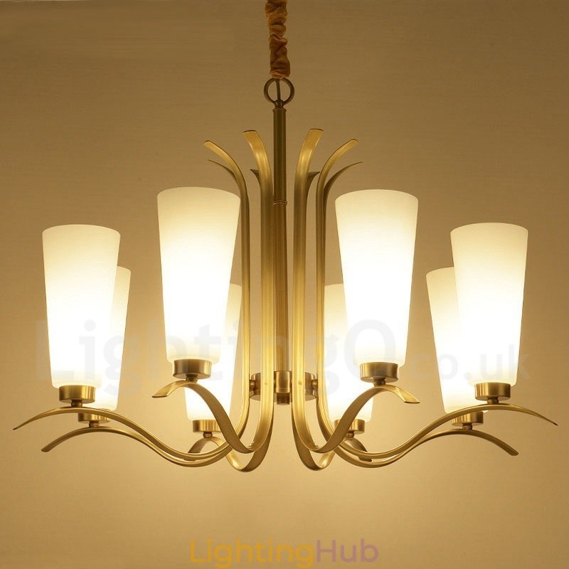 8 Light Retro Rustic Luxury Brass Pendant Lamp Chandelier with Glass Shade