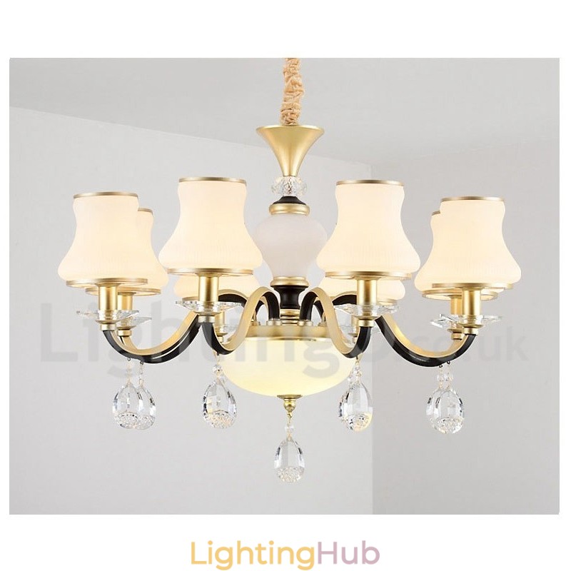8 Light Retro Rustic Luxury Crystal Pendant Lamp Chandelier with Glass Shade