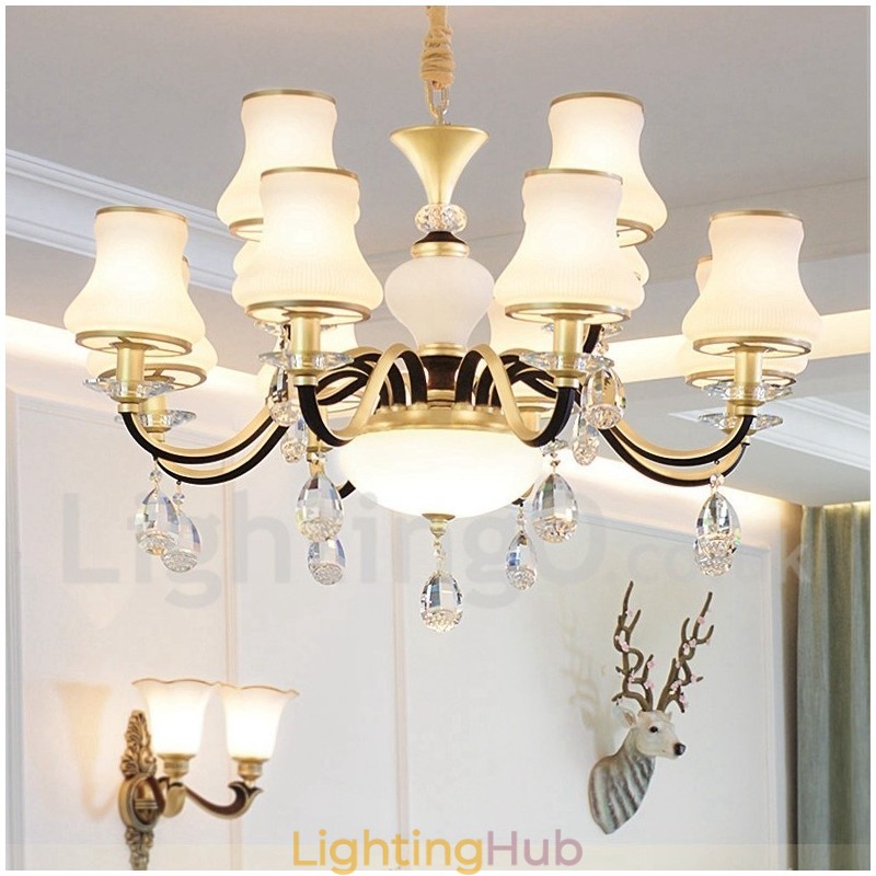 12 Light Retro Rustic Luxury Crystal Pendant Lamp Chandelier with Glass Shade