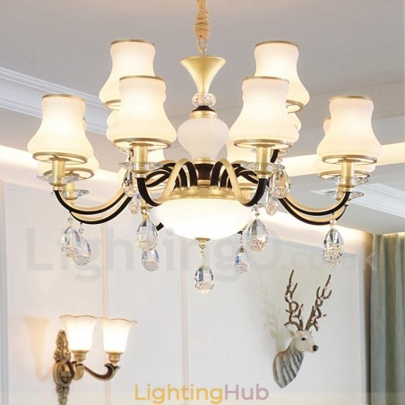 12 Light Retro Rustic Luxury Crystal Pendant Lamp Chandelier with Glass Shade