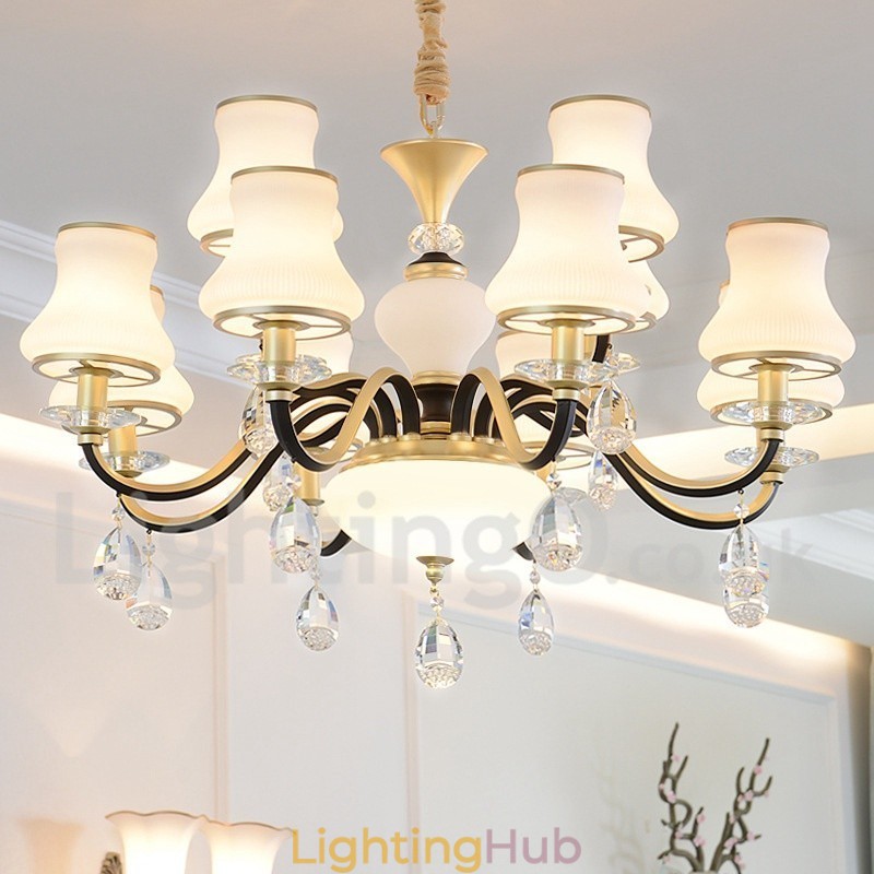 12 Light Retro Rustic Luxury Crystal Pendant Lamp Chandelier with Glass Shade