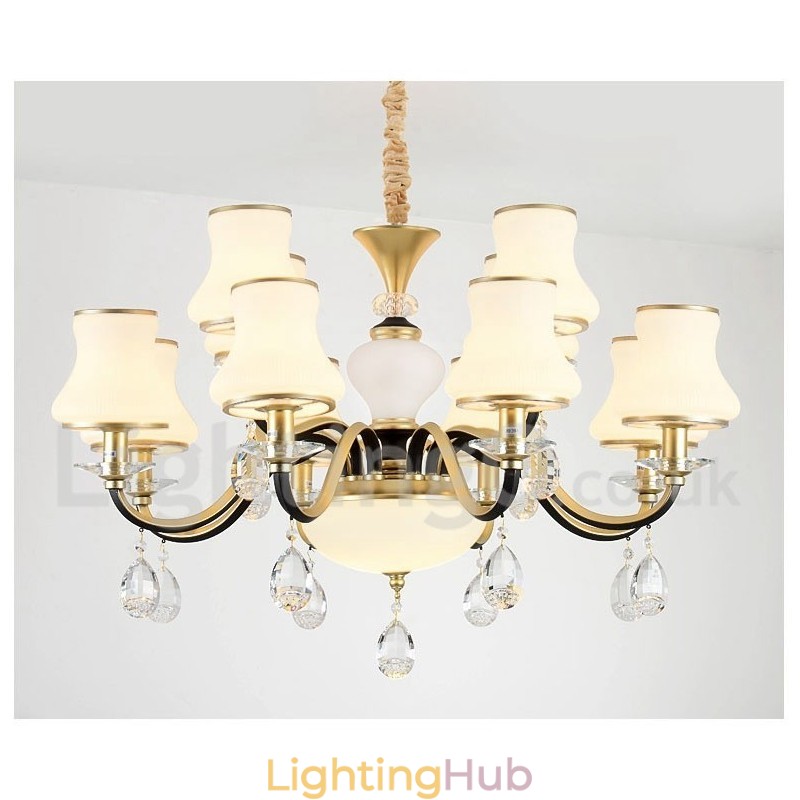 12 Light Retro Rustic Luxury Crystal Pendant Lamp Chandelier with Glass Shade