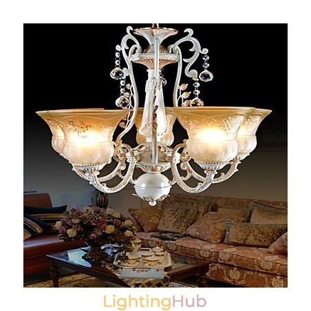 White Chandelier Five Lights Pattern Glass Shade Hand Gilt European Retro Classic White Chandelier Five Lights Pattern Glass Shade Hand Gilt European Retro Classic