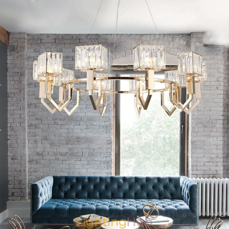 Modern Contemporary 10 Light Steel Pendant Light with Crystal Shade