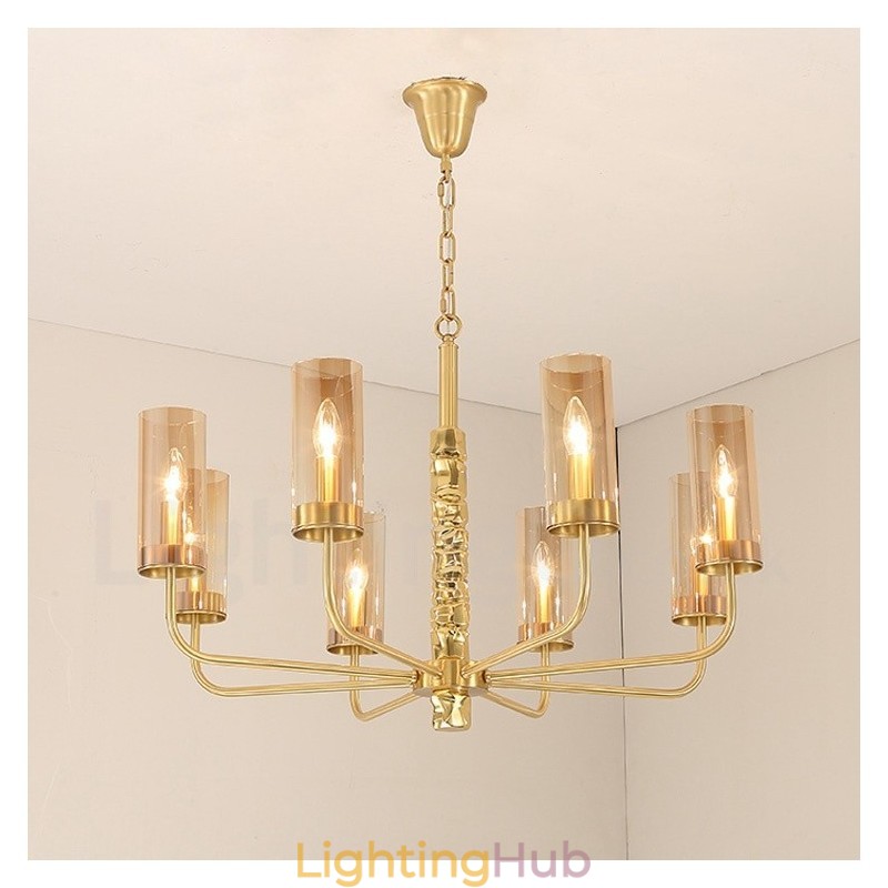 Modern Contemporary 8 Light Brass Chandelier with Glass Shade