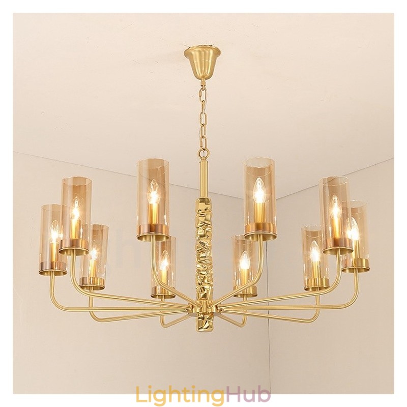 Modern Contemporary 10 Light Brass Chandelier with Glass Shade