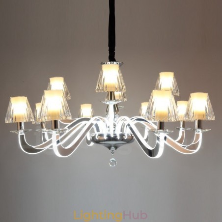 Dimmable Modern Contemporary 12 Light Steel Chandelier with Glass Shade Dimmable Modern Contemporary 12 Light Steel Chandelier with Glass Shade