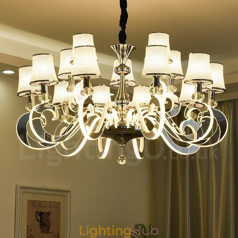 Dimmable Modern Contemporary 15 Light Steel Chandelier with Glass Shade