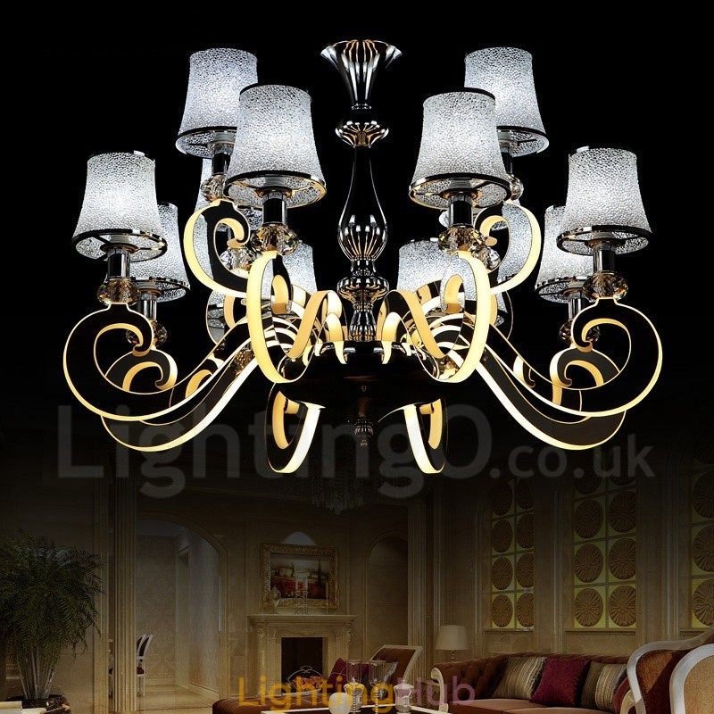 Dimmable Modern Contemporary 12 Light Steel Chandelier with Glass Shade
