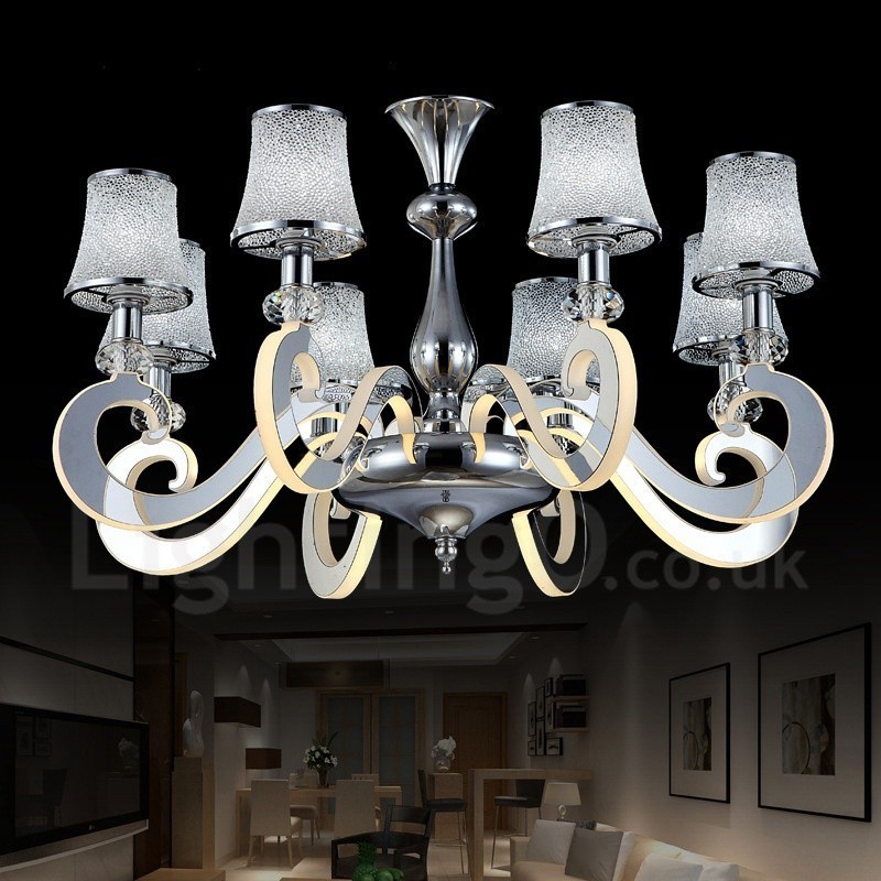 Dimmable Modern Contemporary 8 Light Steel Chandelier with Glass Shade