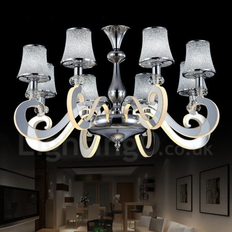 Dimmable Modern Contemporary 8 Light Steel Chandelier with Glass Shade