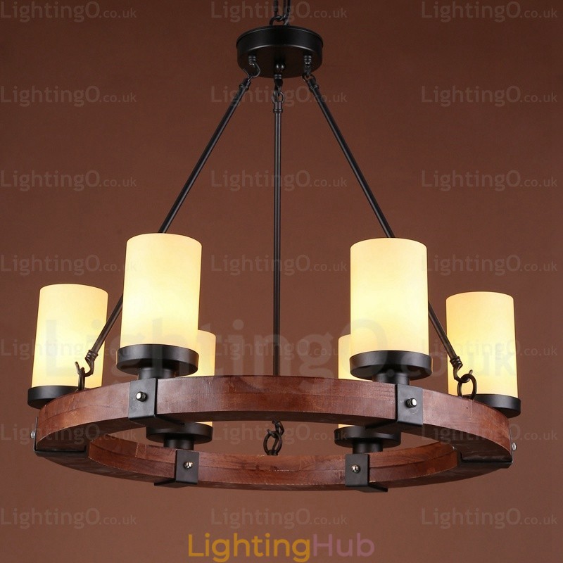6 Light Country Rustic Pendant Light with Glass Shade