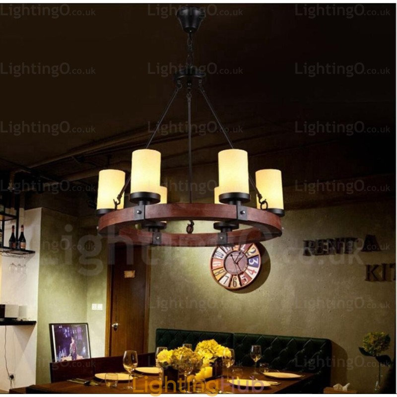 6 Light Country Rustic Pendant Light with Glass Shade