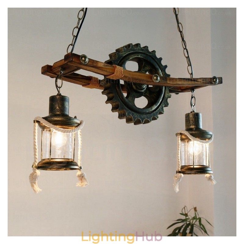 2 Light Country Rustic Vintage Retro Pendant Light with Glass Shade
