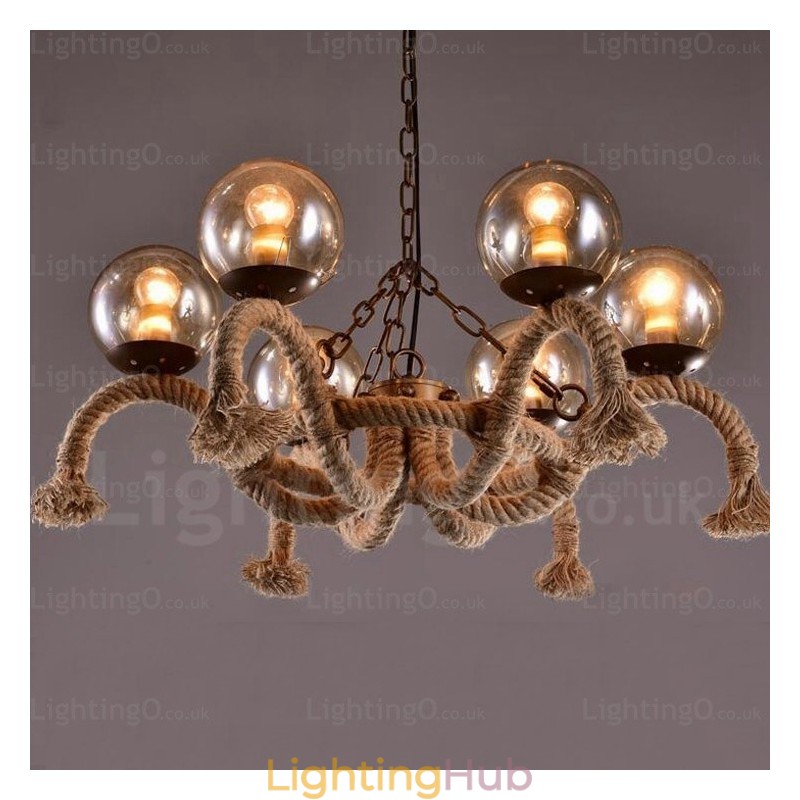 6 Light Vintage Retro Pendant Light with Glass Shade