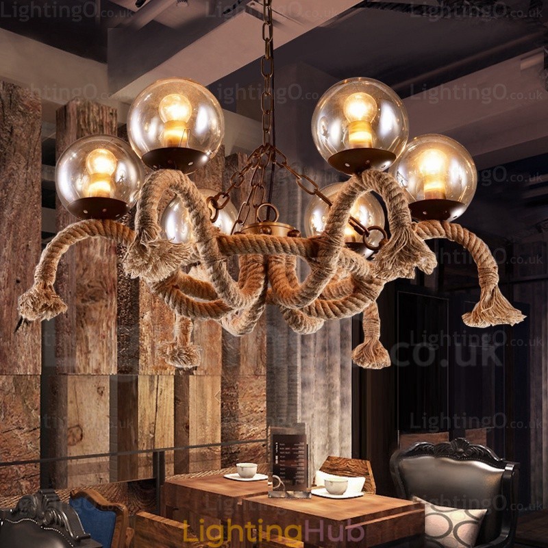 6 Light Vintage Retro Pendant Light with Glass Shade