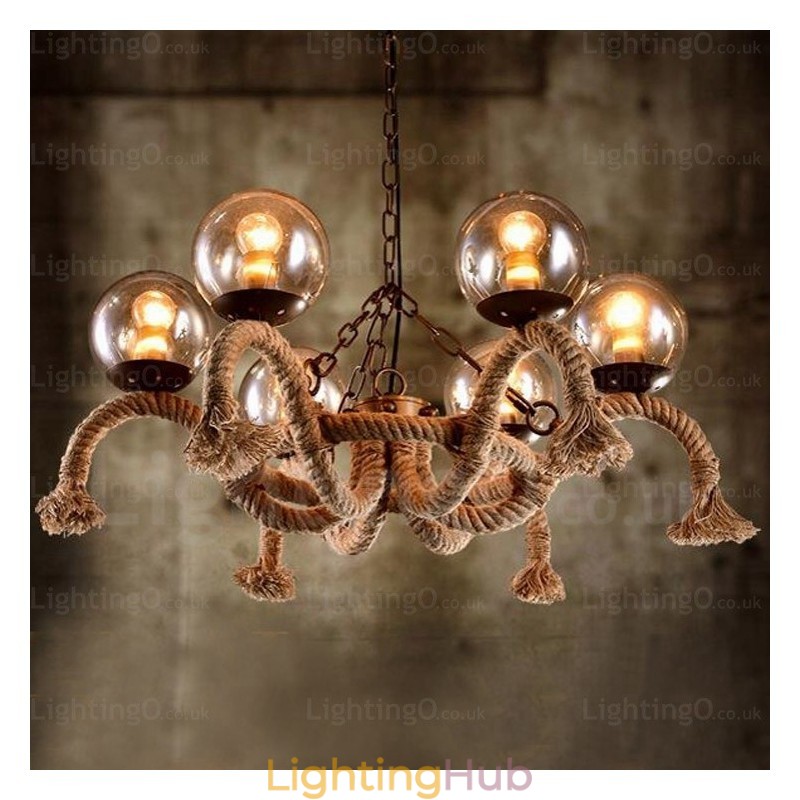 6 Light Vintage Retro Pendant Light with Glass Shade