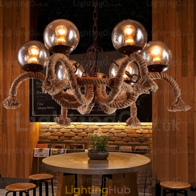 6 Light Vintage Retro Pendant Light with Glass Shade