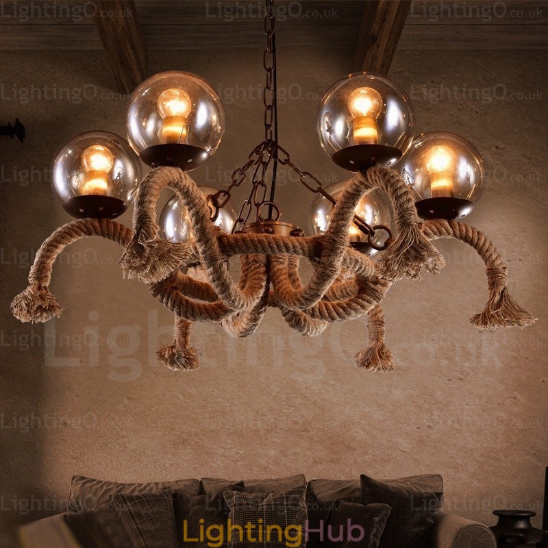 6 Light Vintage Retro Pendant Light with Glass Shade