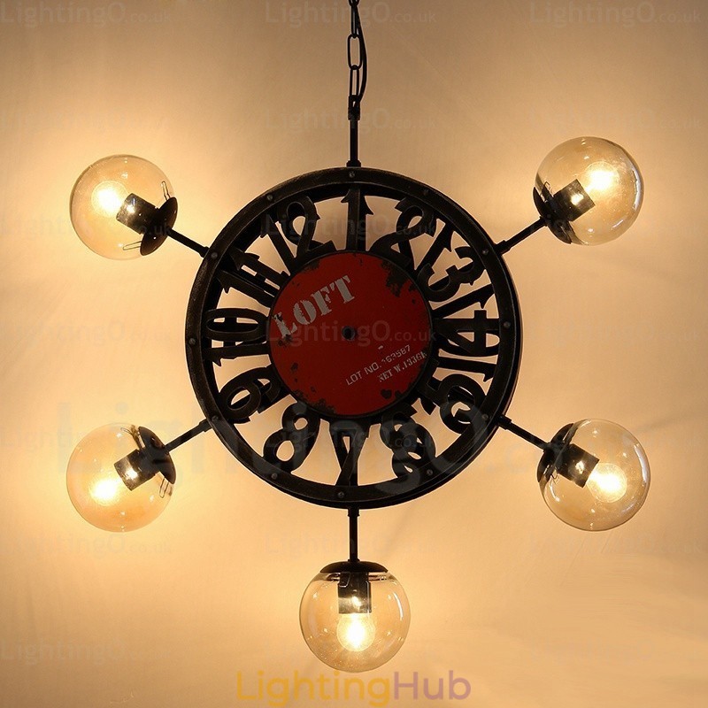 5 Light Vintage Retro Pendant Light with Glass Shade