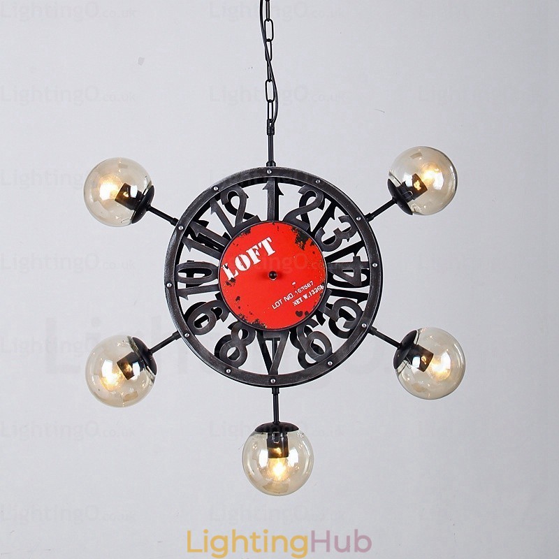 5 Light Vintage Retro Pendant Light with Glass Shade