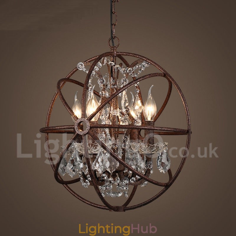 4 Light Diameter 40CM Vintage Crystal Globe Painting Metal Chandelier Rusty Colour Pendant Light